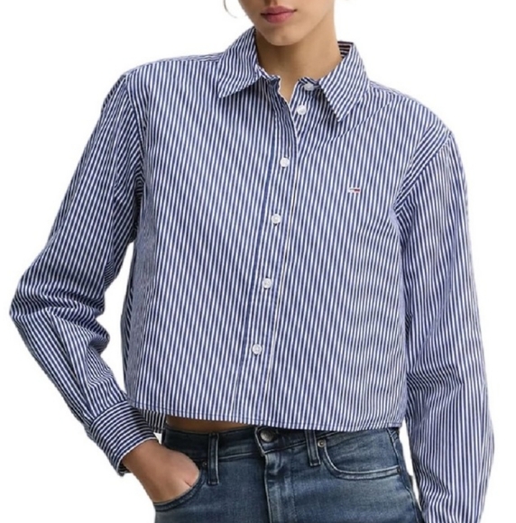 Tommy Hilfiger Button Down Lined Cropped Top Size Large - Picture 1 of 8